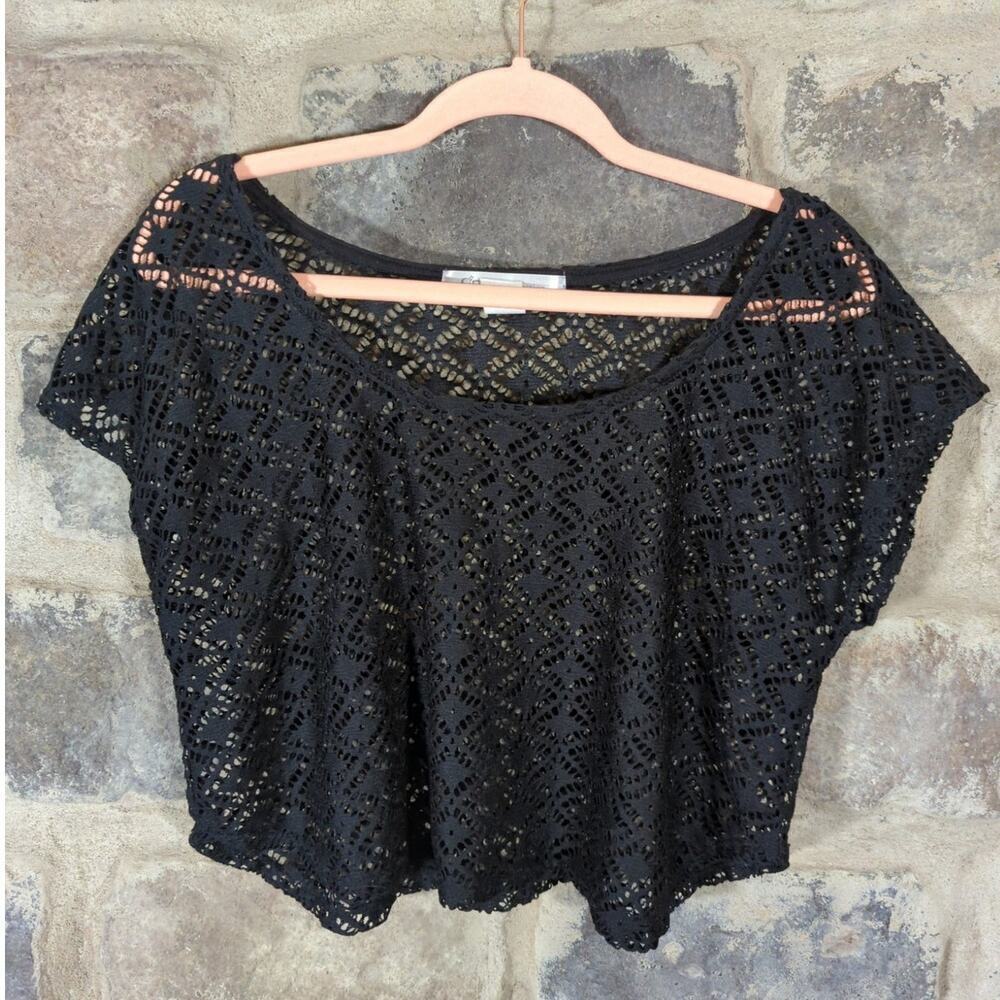 Grass Collection Top Woman's Medium Black Lace Crochet‎ Sheer Cropped Y2K